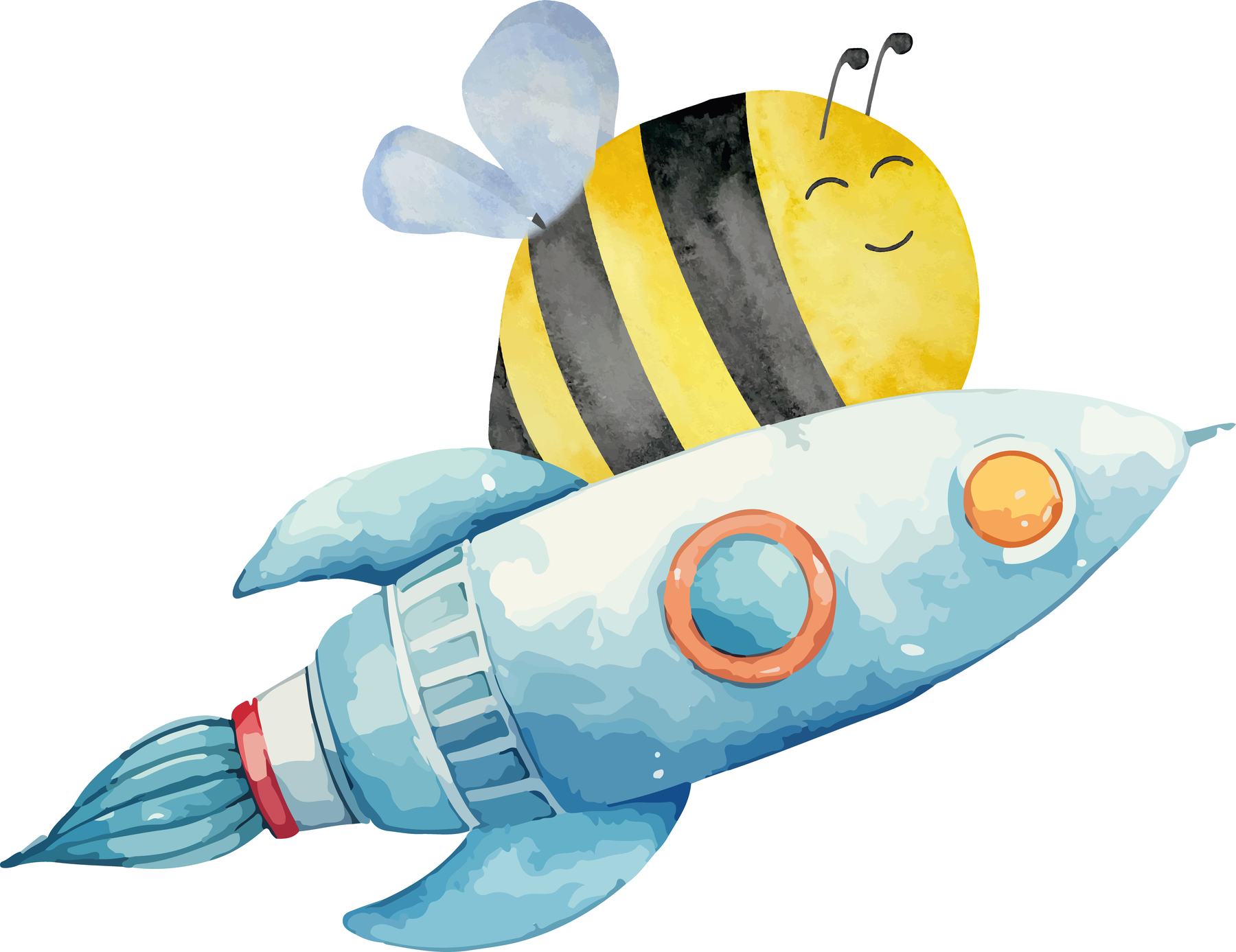 Illustration einer Biene auf einer Rakete